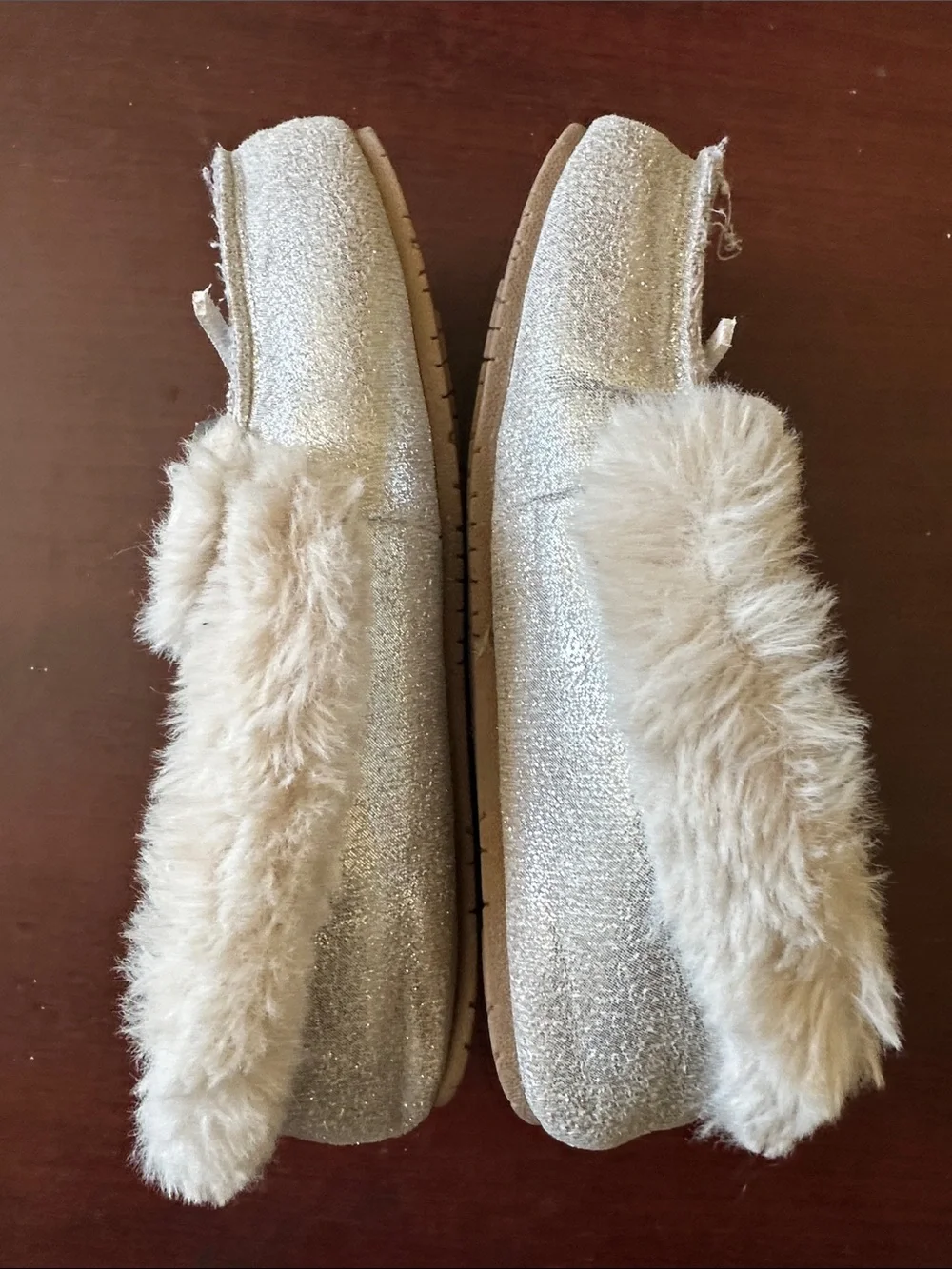 ##195, Size 12, Cozy Faux-Fur Lined Slippers with Bow - Metallic Beige